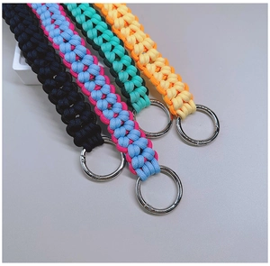 Detail of colorful hand-woven nylon straps featuring silver metal spring O-rings