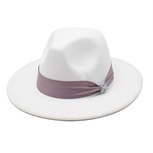 Classic white wool felt fedora hat with a light purple satin band and rhinestone buckle