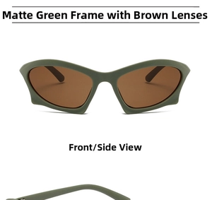 Front view of Y2K steampunk sunglasses with matte green frame and brown lenses