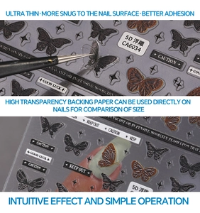 Detail showing 5D embossed butterfly nail stickers being applied with tweezers
