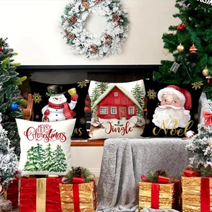 Set of 4 Christmas pillow covers with snowman and Santa designs by a warm fireplace
