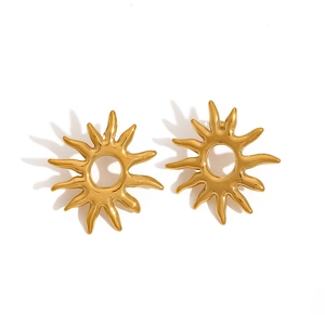 Detailed close-up of golden sun-shaped stainless steel earrings on a clean white background