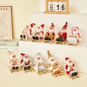 Set of 10 plush Santa Claus figurines on wooden sleds for Christmas home decoration