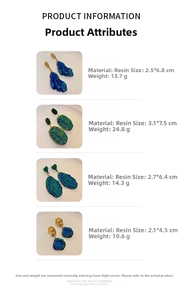 Detailed size chart for blue geometric resin earrings with wrinkled texture and metal trim