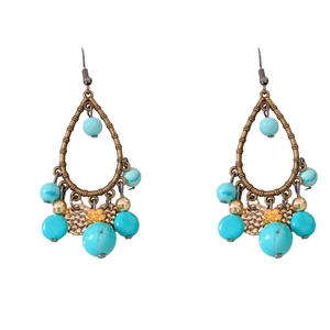 Vintage bamboo-style hoop earrings with turquoise beads and orange floral accents