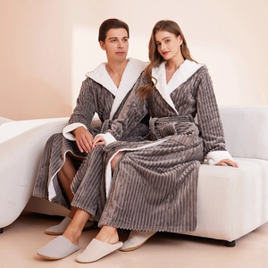 Long couple bathrobe in thick grey striped flannel with white faux shearling trim
