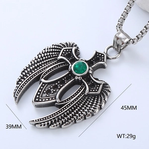 Macro detail of gothic cross wing pendant in retro silver with size 39x45mm dimensions