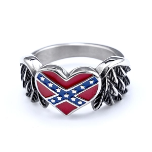 Vintage stainless steel heart ring featuring angel wings and Confederate flag pattern