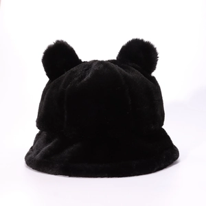 Detail of black faux fur bucket hat featuring cute bear ears and thick warm texture
