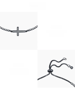 Adjustable S925 sterling silver cross bracelet with black plating and cubic zirconia detail