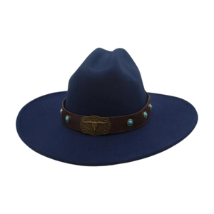Classic navy blue wide brim felt cowboy hat with turquoise steer skull leather band