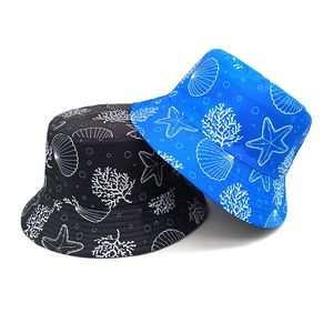 Detail showing two reversible bucket hats with blue and black starfish prints on white