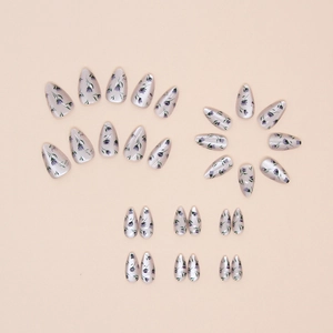 Short almond press-on nails set featuring purple tulip floral patterns on light grey-purple