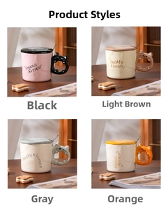 Collage of cute ceramic cat mugs with hollow handles, lids and spoons on a wooden desk