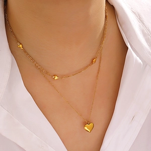 Collier Double Couche Pendentif Coeur Acier Inoxydable Plaqué Or Chaîne Ras De Cou Minimaliste Pour Femmes Bijoux