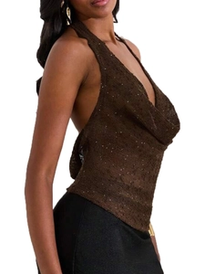 Sparkly dark brown halter neck top with sequins and draped neckline for women