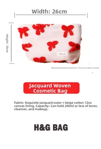 Detail showing red bow pattern on pink jacquard makeup bag with 26x18cm size specs
