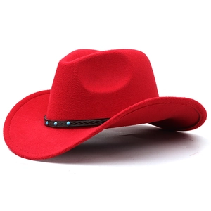 Detail of red wool felt cowboy hat with turquoise beads and black braided band