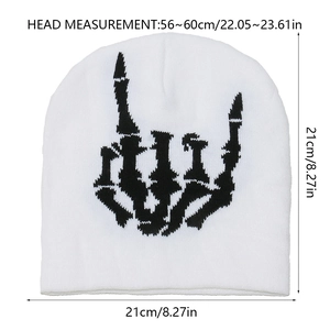 Size specifications of the white knit beanie with a black skeleton hand print design