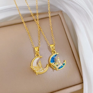 Elegant gold titanium necklace with shell moon pendant and sparkling crystal butterfly