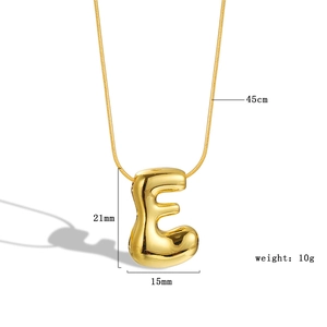 Detail view of 18k gold plated 3D bubble letter E necklace with 45cm chain