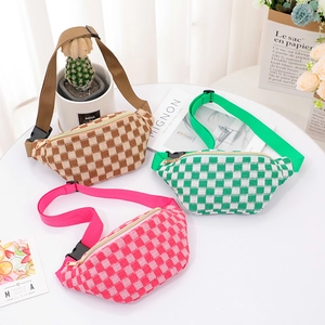 Unisex checkered fanny packs in brown, green, and pink canvas for sports and fitness