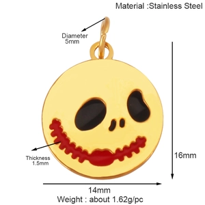 Macro view of gold stainless steel skull charm showing detailed size and dimensions