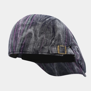 Vintage striped flat cap with distressed washed fabric and adjustable brass side buckle