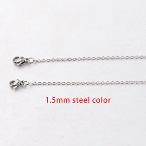 Detail view of 1.5mm stainless steel square link chain with dual lobster clasps