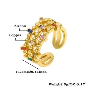 Detailed macro view of 11.5mm wide multi-row copper ring with colorful zircon inlay