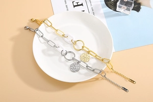 Détail de bracelets en acier inoxydable doré et argenté avec pendentifs ronds texturés