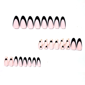 24pcs almond press-on nails with black French tips, hearts, and gold lines on pink base