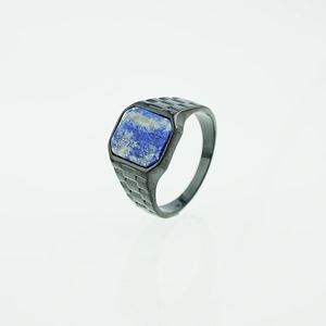 Vintage square lapis lazuli ring for men in black titanium steel with matrix texture