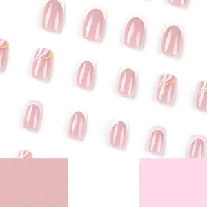 Pink French press-on nails with white tips and yellow wave patterns on a white background