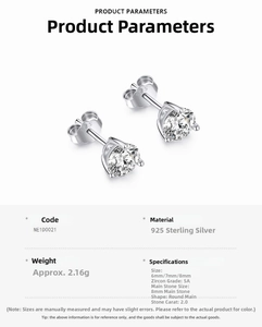 Detailed specs for 925 sterling silver round stud earrings with premium cubic zirconia