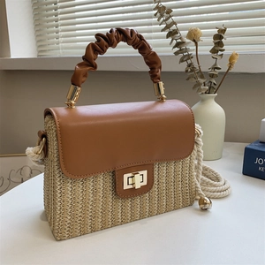 Straw Woven Crossbody Bag Women Pleated Handle Handbag PU Leather Patchwork Metal Lock Summer Beach Resort Style