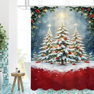 3D Weihnachts-Duschvorhang mit verschneiten Bäumen und roten Aquarell-Effekten