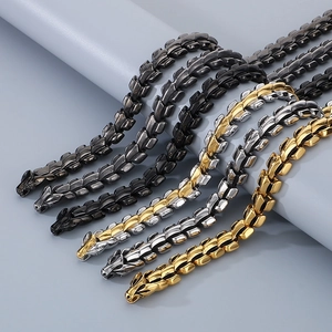 Men's punk style dragon scale bracelets in silver, gold, and dark gray stainless steel