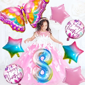 Butterfly birthday balloon set with gradient number 8 and pink princess dress for girls