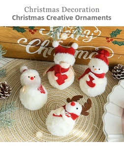 Close-up of plush Christmas snowman and elk dolls with soft texture on festive background