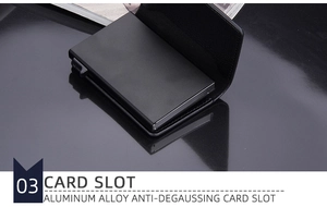 Detail of RFID-blocking aluminum pop-up card slot with black lychee leather texture