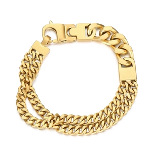 Men's gold-plated stainless steel bracelet featuring mixed Cuban and double curb chains