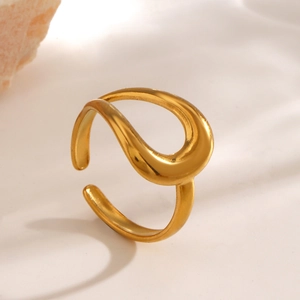 Minimalist gold teardrop hollow open ring with wavy artistic lines in stainless steel