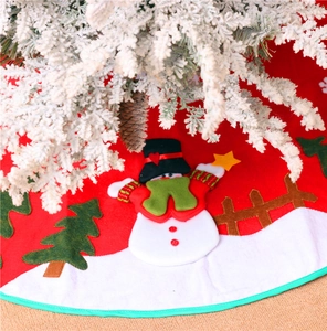 Detailed close-up of a 100cm red felt Christmas tree skirt with snowman embroidery