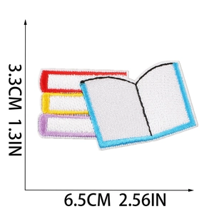 Detailed view of stacked books embroidery patch with precise size measurements in cm and inches
