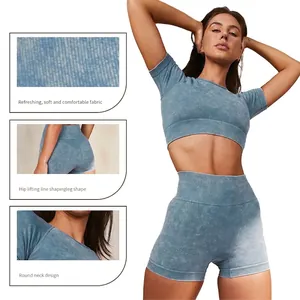 Ensemble de yoga bleu denim délavé pour femme avec haut court et short taille haute