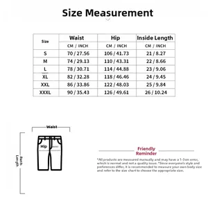 Detailed size chart for men's shorts showing waist and hip measurements in cm and inches