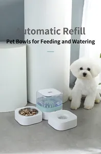 Detalle del dispensador automático de agua y cuenco de acero inoxidable para mascotas