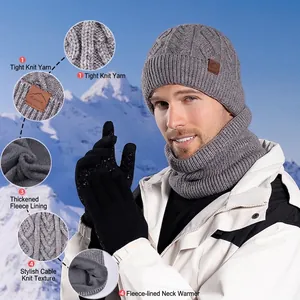 Men's winter 3-piece knit set with fleece-lined hat, neck warmer and gloves in grey