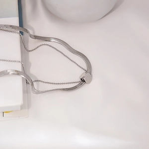 Minimalist double layer silver necklace with snake chain, bead chain and cube pendant